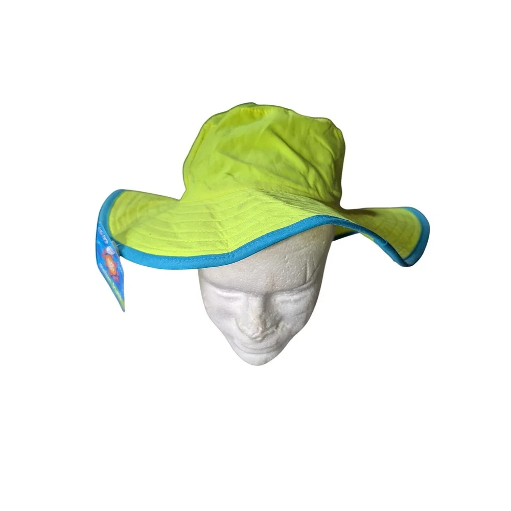 Youth Swim Hat Neon Lime Green Blue Trim UPF 50+ Wide Brim Sun Bucket Hat